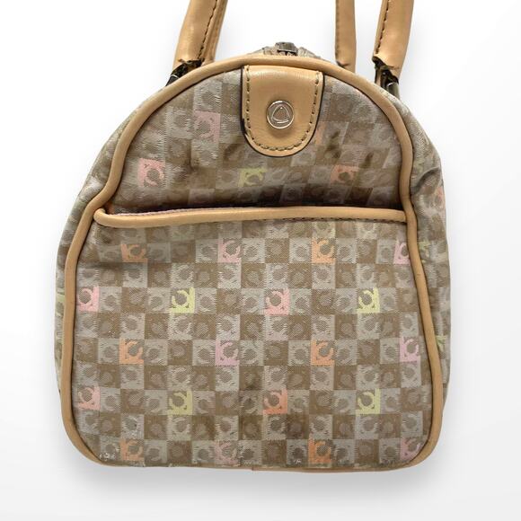 00s Y2k LIZ CLAIBORNE Vintage Tan Cream Monogram Barrel Shoulder Bag - Picture 4 of 11